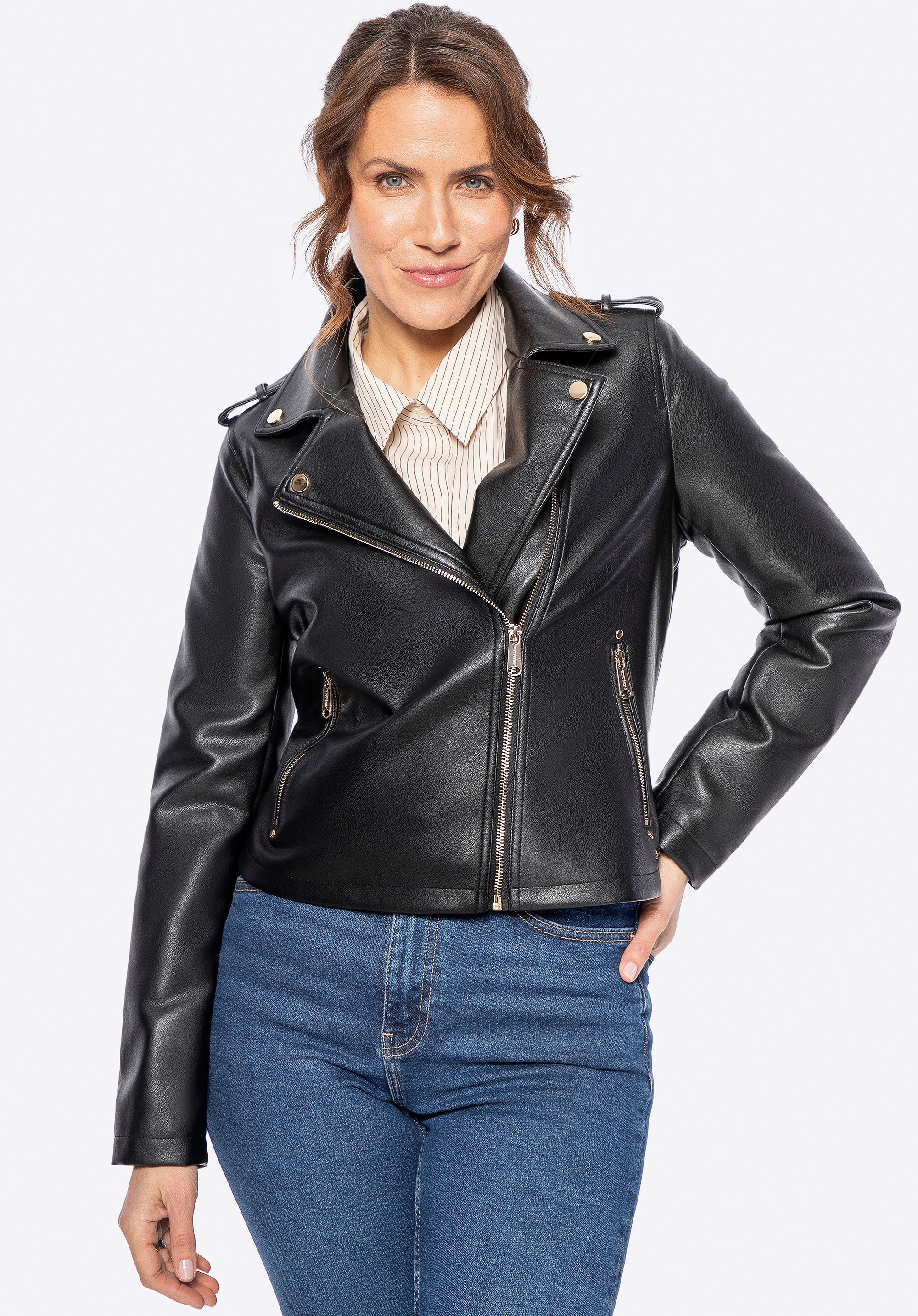 Damska ramoneska ze skóry ekologicznej z nitami czarna