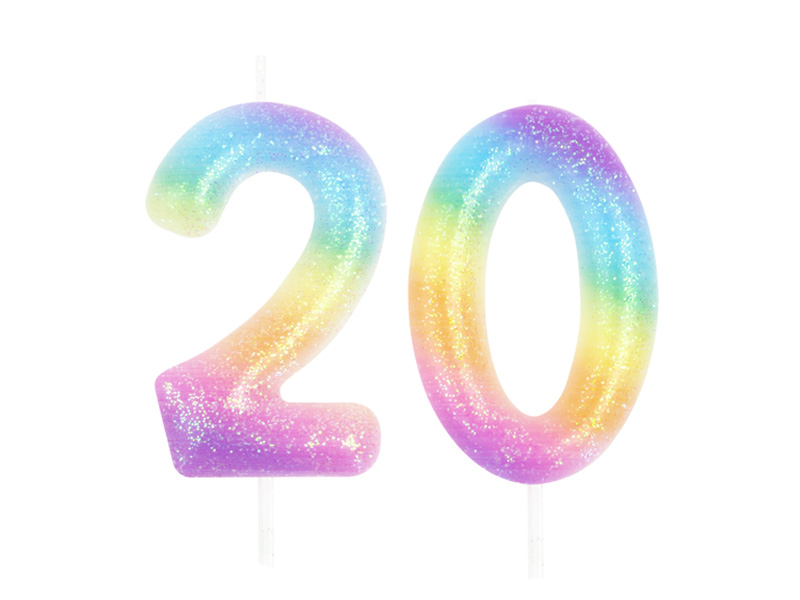 Świeczka urodzinowa na tort Cyfra 20, tęczowa z brokatem, 10 cm
