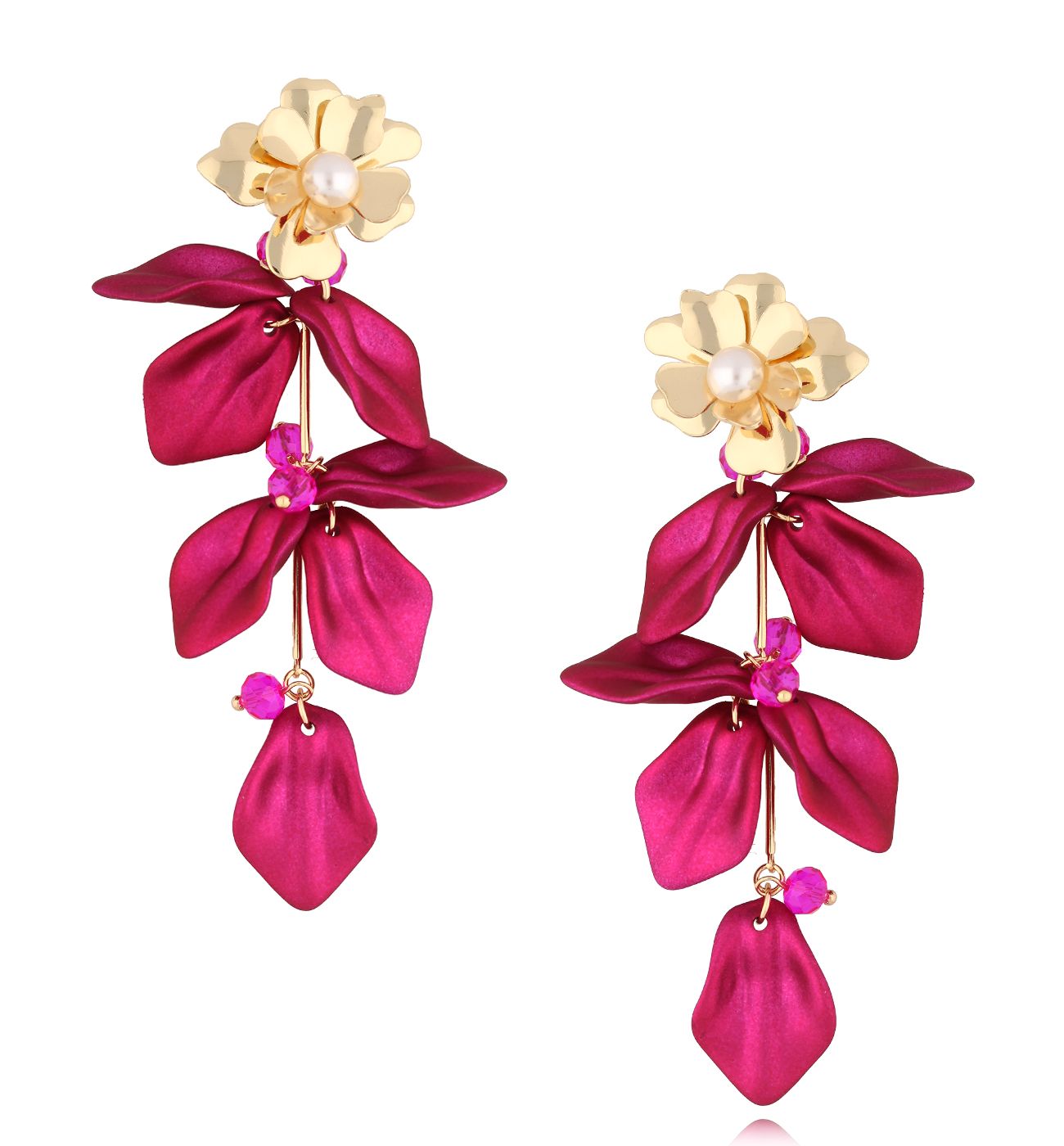 Kolczyki fuksjowe z płatkami i kwiatuszkiem Tatuí KFF0191