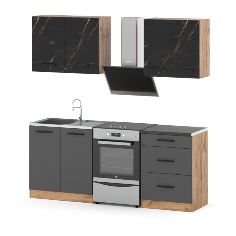 Zestaw Kuchenny Hurtownia-Mebli Z Blatem Kuchnia Mini Mokka 200cm Dąb Wotan San Sebastian/Szary Mat 200x47x145 cm 1szt.