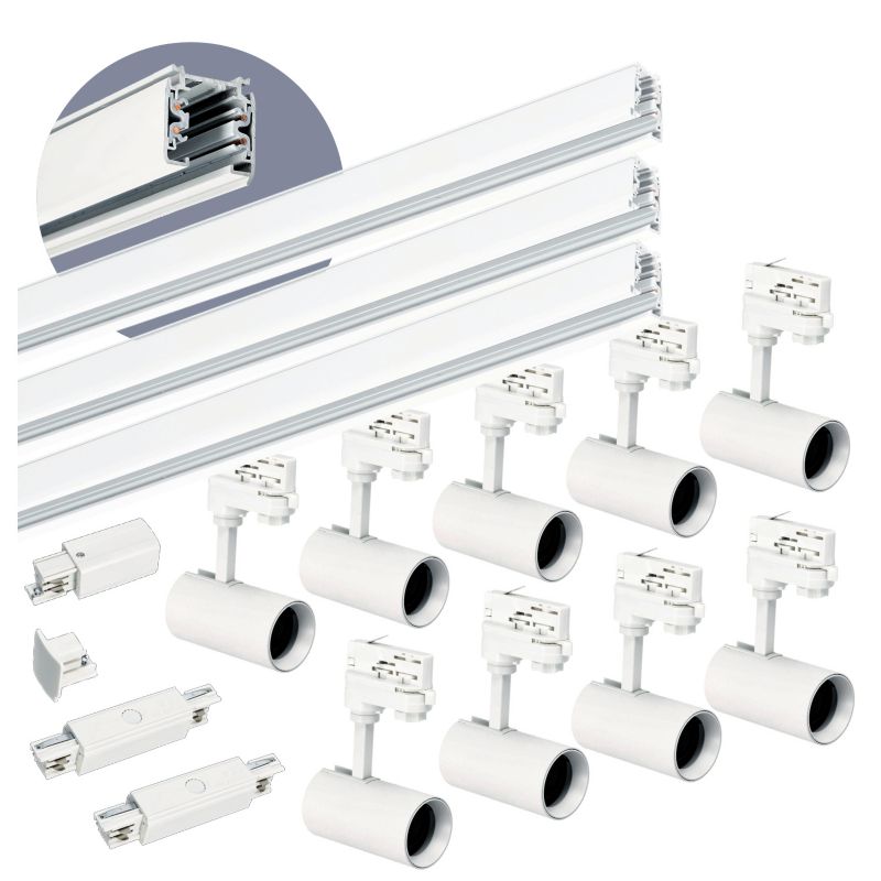 Zestaw szynowy 3-fazowy szyna 1m+1m+1m, 9x Lampa, łącznik prosty biały 1kpl.