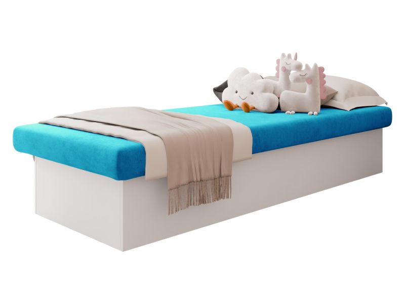 Łóżko jednoosobowe MIRJAN 24 Berta 190x80 z pojemnikiem biały + niebieski plusz 1 szt.