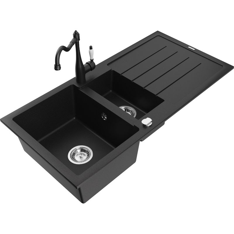 Zlewozmywak granitowy 1.5-komorowy Mexen Andres z ociekaczem i baterią kuchenną Carla czarny - 6515-77-670700-50 1 szt.