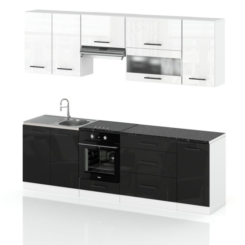 Zestaw Kuchenny Hurtownia-Mebli Z Blatem Kuchnia Marocco 260cm Biały Mat Biały Połysk/Czarny Połysk 260x52x157 cm 1szt.
