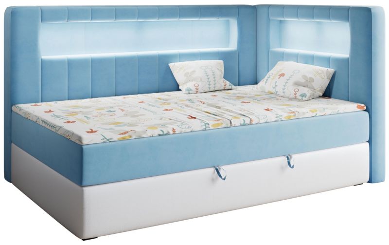 Łóżko młodzieżowe MKS Meble JUNIOR GOLD 3 90x200 H3 Niebieski biały welvet ecoskóra strona prawa 1szt.