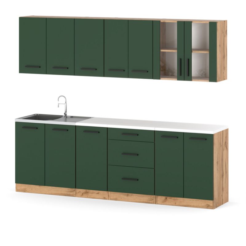 Zestaw Kuchenny Hurtownia-Mebli Z Blatem Kuchnia Remino 260cm Dąb Wotan Butelkowa Zieleń 260x47x145 cm 1szt.