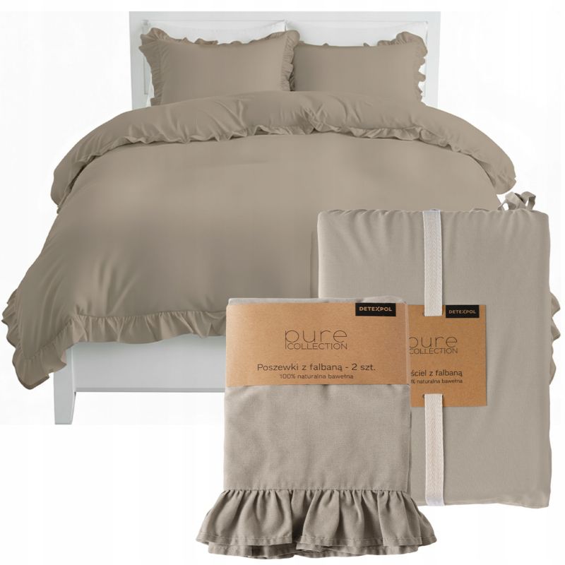 Pościel z falbaną Detexpol Pure 160x200cm + 2x poszewka 70x80cm bawełna taupe 1 kpl.