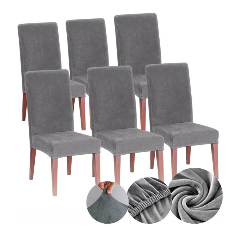 Pokrowiec Na Krzesło Welur Zestaw 6 Szt Ochraniacz Uniwersalny Gumka Szary