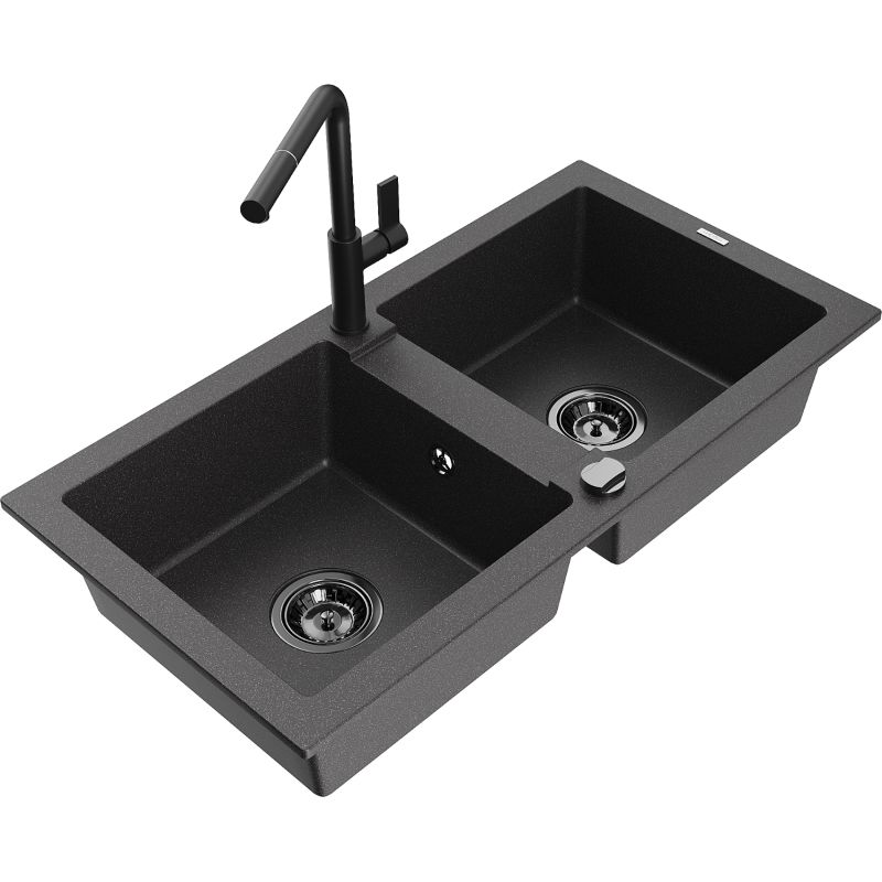 Zlewozmywak granitowy 2-komorowy Mexen Mario z baterią kuchenną Flora czarny nakrapiany 6504-76-670401-70-B