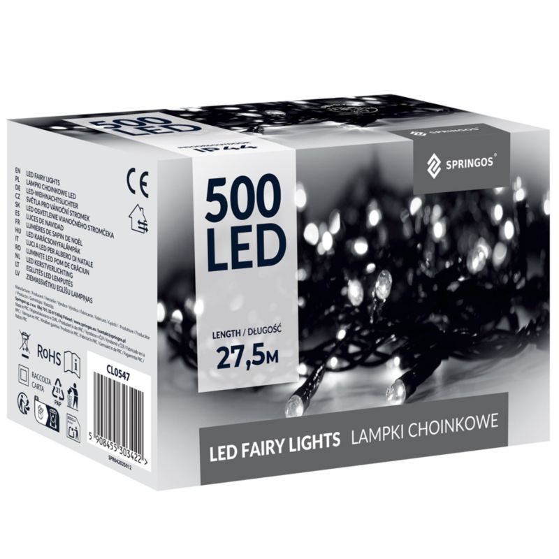 Lampki choinkowe Springos 500 led zimny biały 27,5 m oświetlenie IP44 na prąd 1 szt.