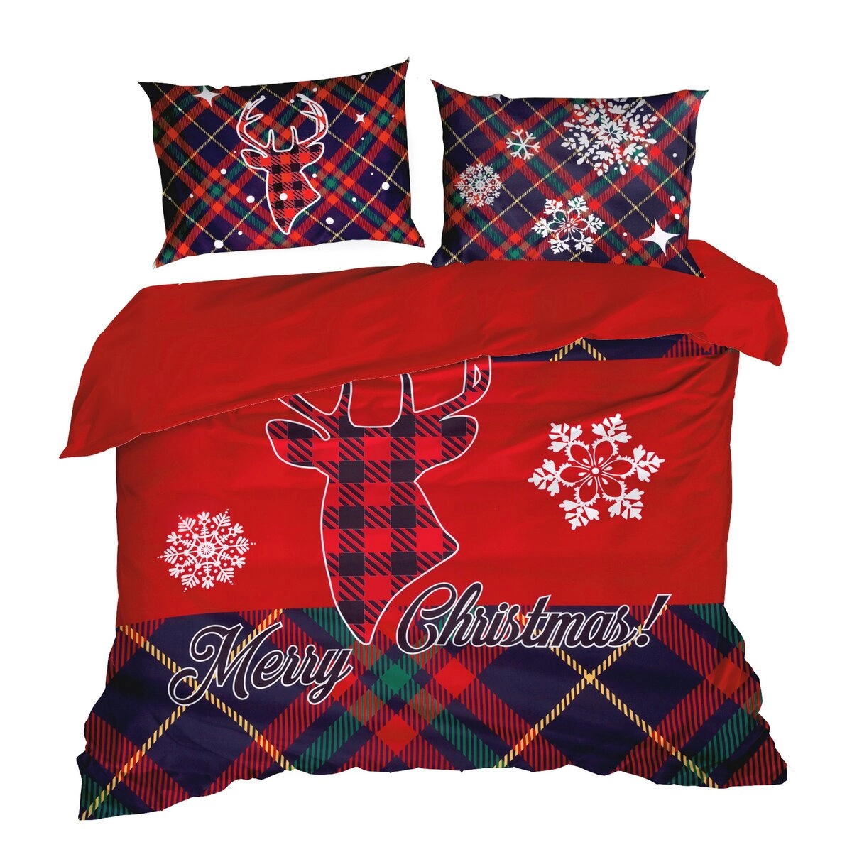 Pościel Świąteczna Czerwono-zielona krata i Renifer PTR-14 mar - 200x220
