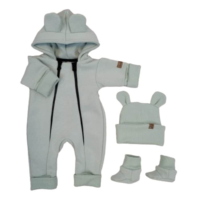 KAZUM KOMBINEZON Z OCIEPLANEJ DRESÓWKI BEZ STÓP + CZAPKA + BUCIKI MINT GREEN ZZ - 56