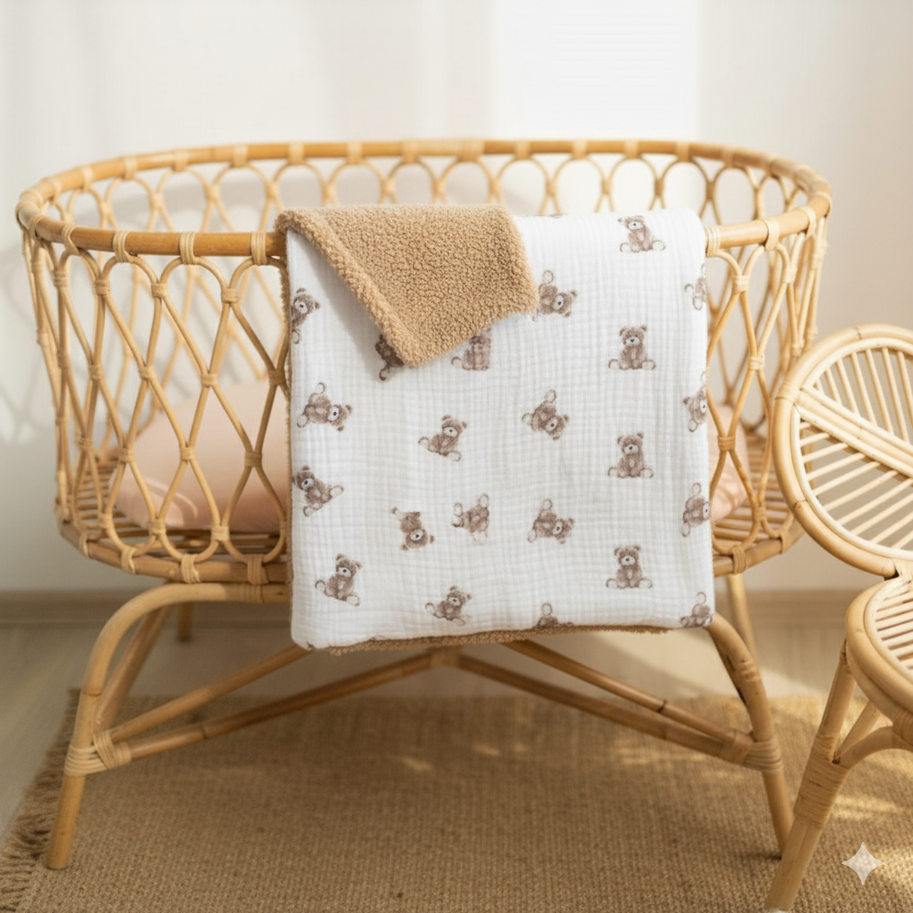 Kocyk dziecięcy brązowy baranek i muślin niedźwiadki Wyprzedaż