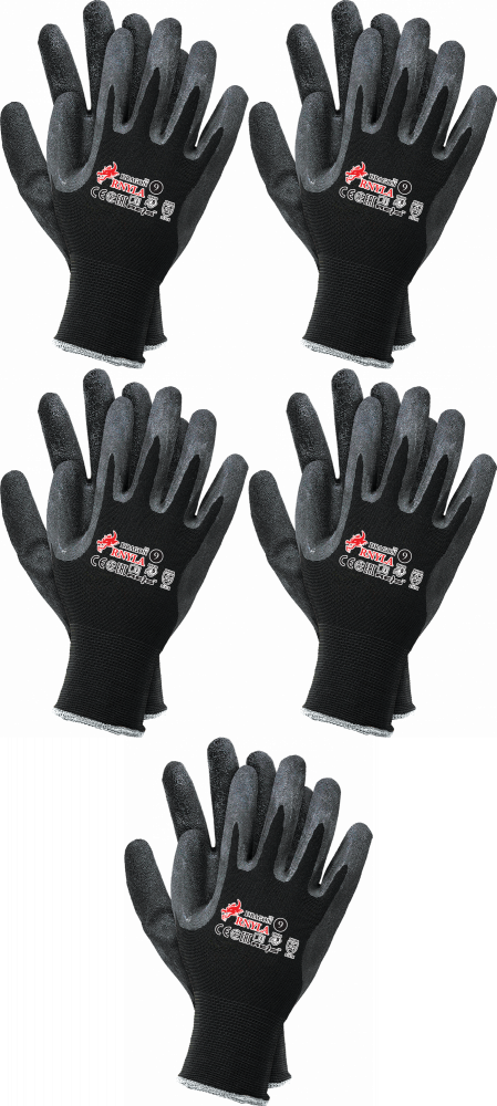 5x Rękawice robocze Reis Dragon RNYLA B, powlekane, rozmiar 7, czarny