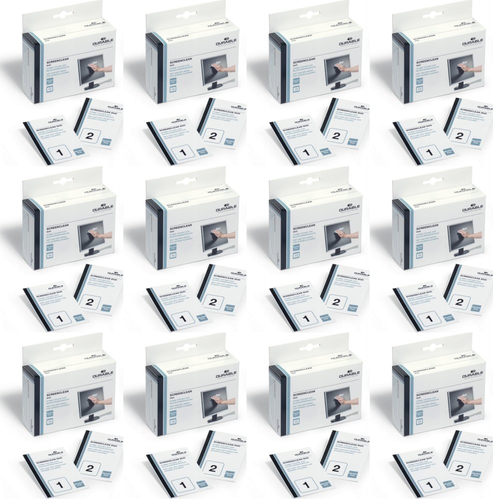 12x Chusteczki do czyszczenia ekranów, tabletów i laptopów Durable Screenclean Duo, 10x2 sztuki (suche i mokre), biały
