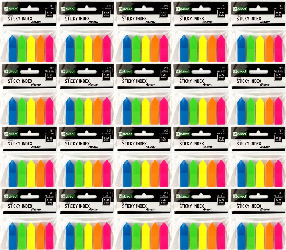 20x Zakładki samoprzylepne D.Rect transparentne strzałki, indeksujące, 45x12mm, 5x25 sztuk, mix kolorów