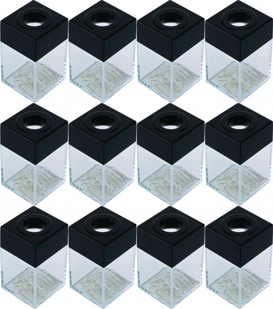 12x Pojemnik na spinacze Q-Connect, z magnesem, 40x40x70mm, transparentny