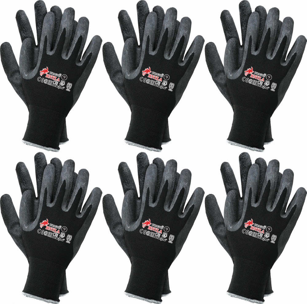 6x Rękawice robocze Reis Dragon RNYLA B, powlekane, rozmiar 9, czarny