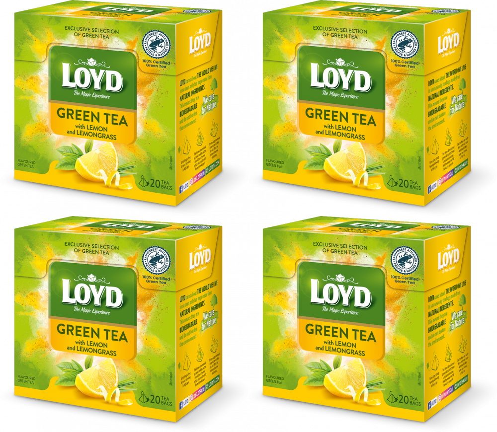 4x Herbata zielona smakowa w piramidkach Loyd, trawa cytrynowa/cytryna, 20 sztuk x 1.5g