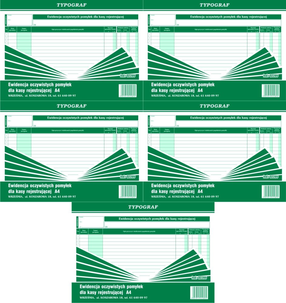 5x Druk akcydensowy Ewidencja oczywistych pomyłek dla kasy rejestrującej Typograf, A4, 50k