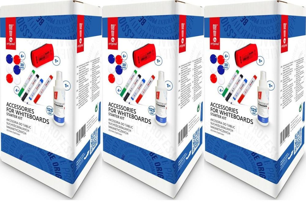 3x Zestaw startowy do tablic MemoBe, płyn 125ml, 4 markery, gąbka magnetyczna, 6 magnesów