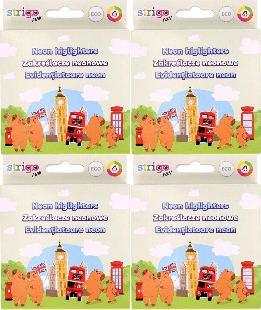 4x Zakreślacze Strigo Capybara Eko, ścięta, 1-5mm, 4 sztuki, mix kolorów neonowych