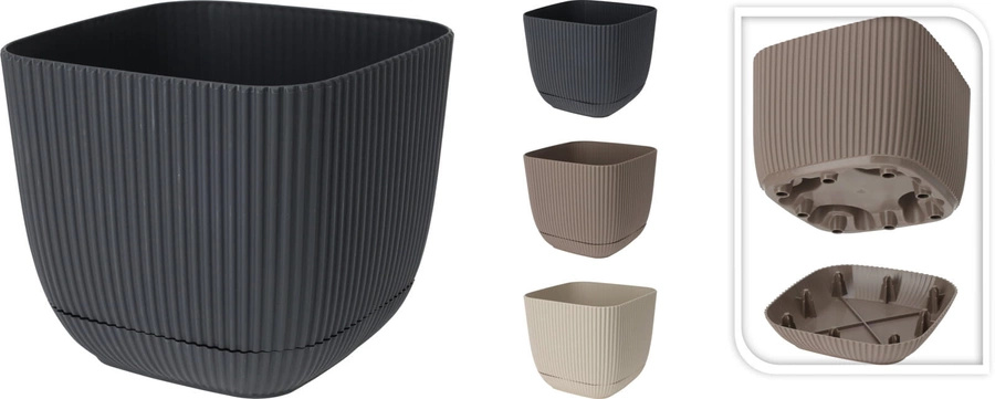 Doniczka PVC kwadratowa z podstawką 20x20 plis czarny/brązowy/beż owy