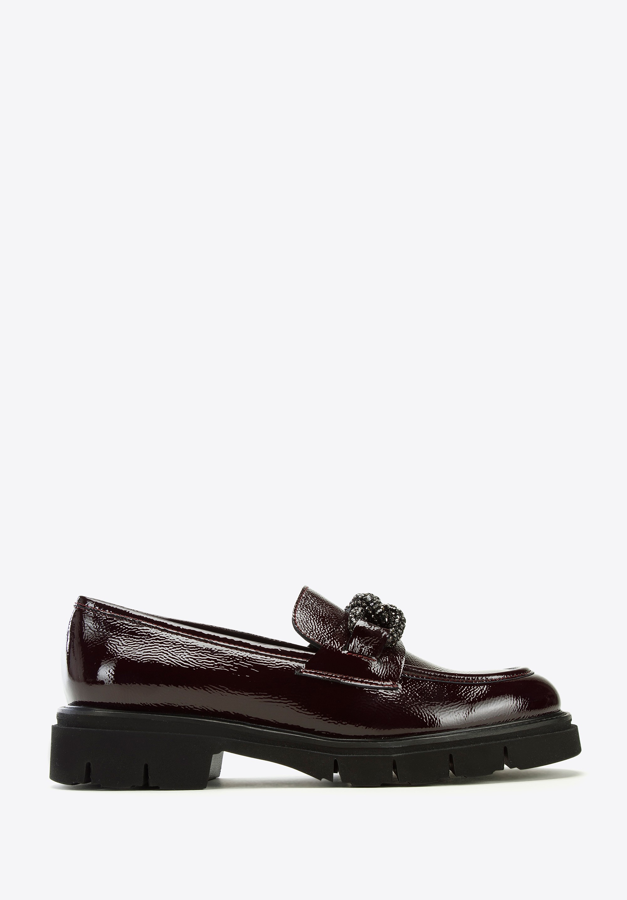 Damskie mokasyny skórzane z łańcuchem z kryształków bordowe