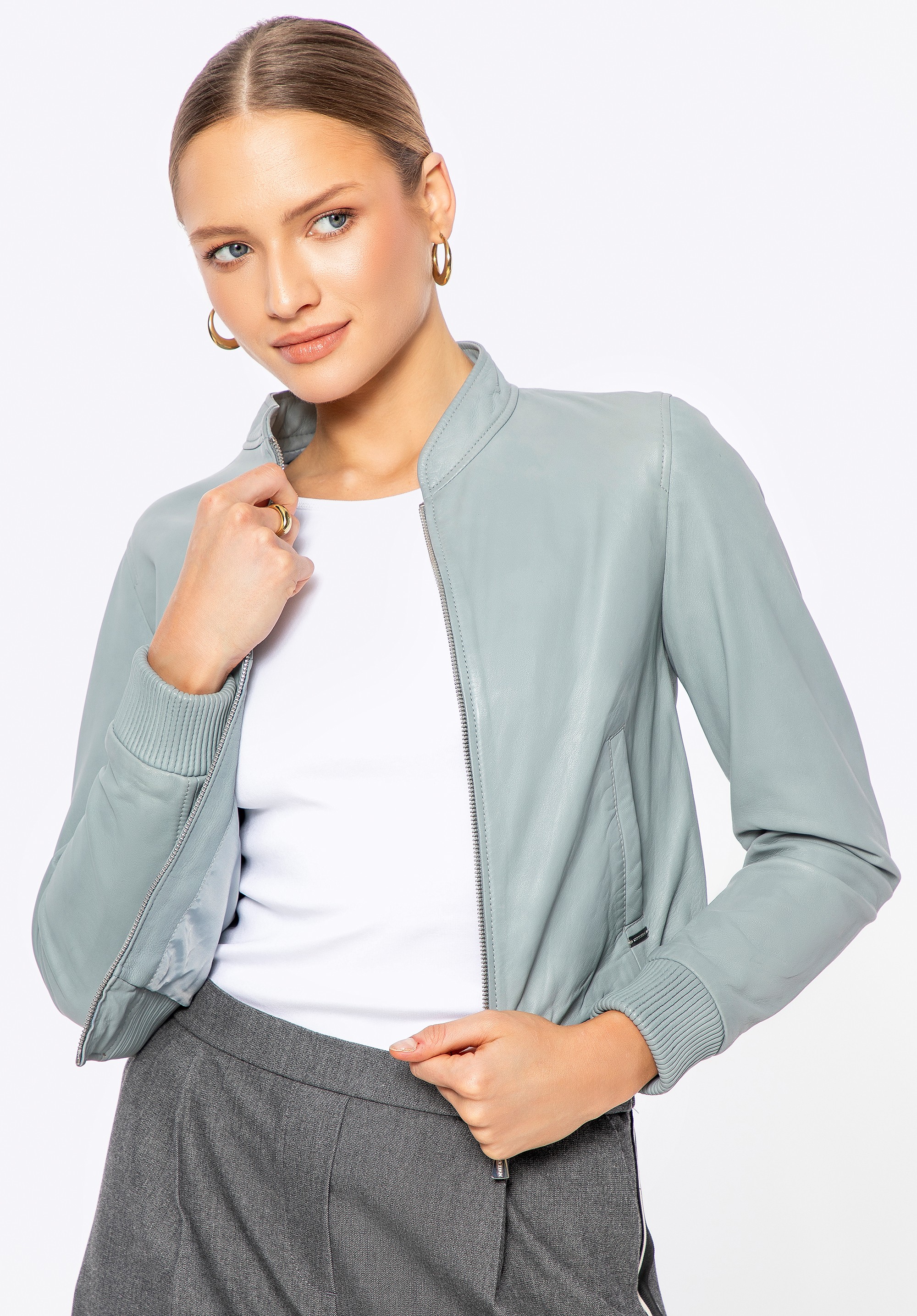 Kurtka ze skóry owczej z elastycznym ściągaczem szary platynowy