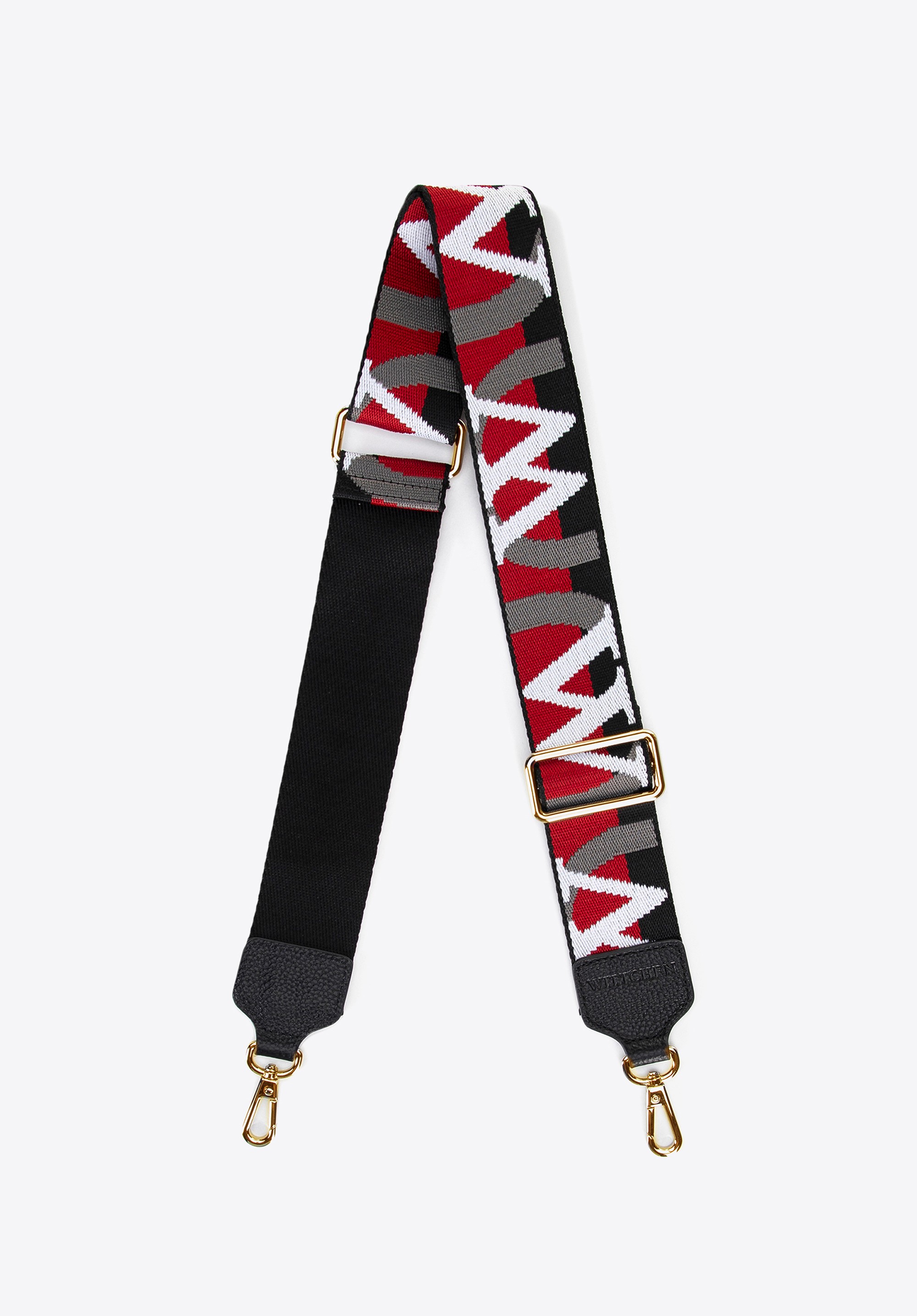 Pasek do torebki z wyszywanym logo producenta czarno - czerwony