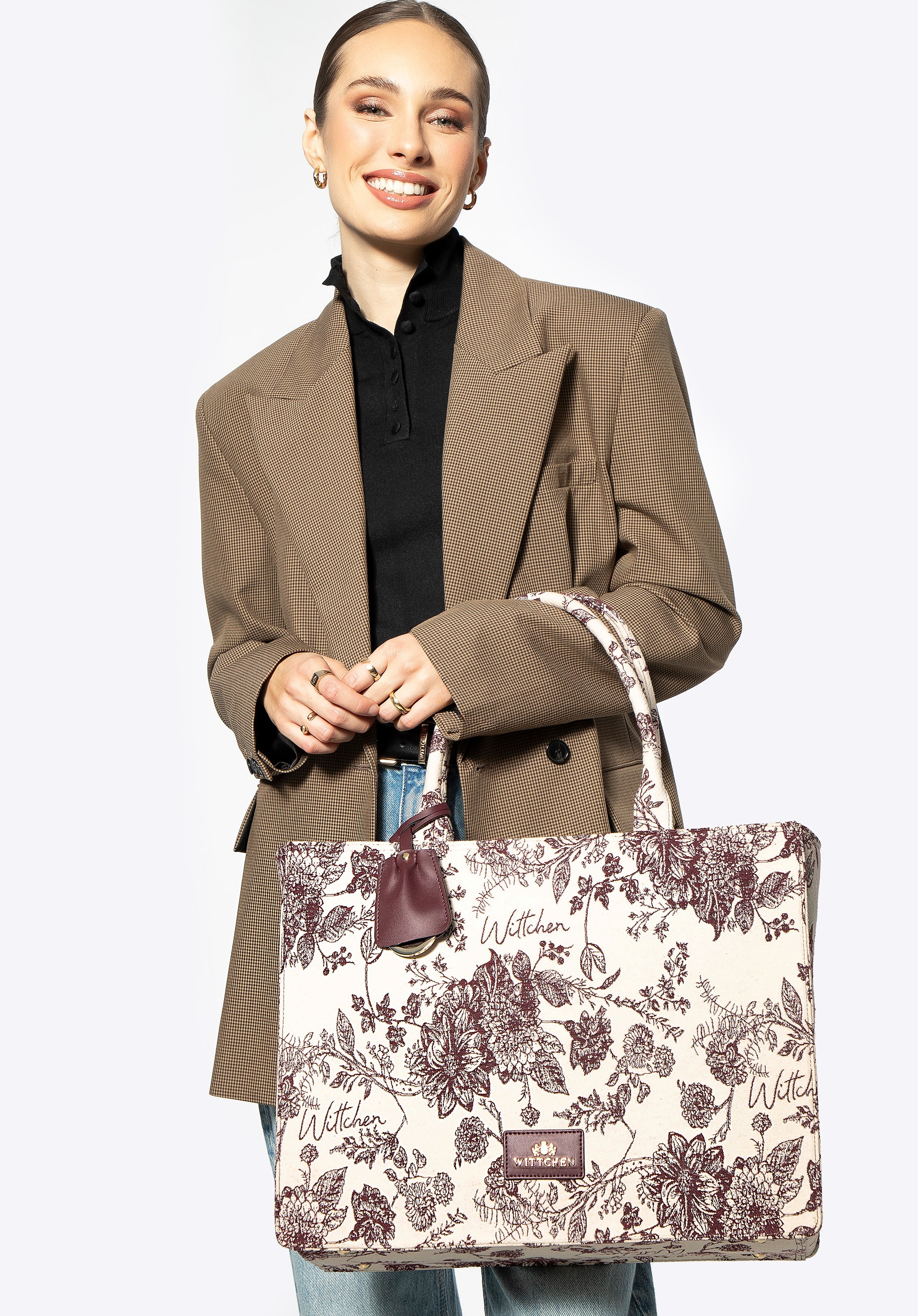 Damska shopperka żakardowa we wzory bordowo - beżowa