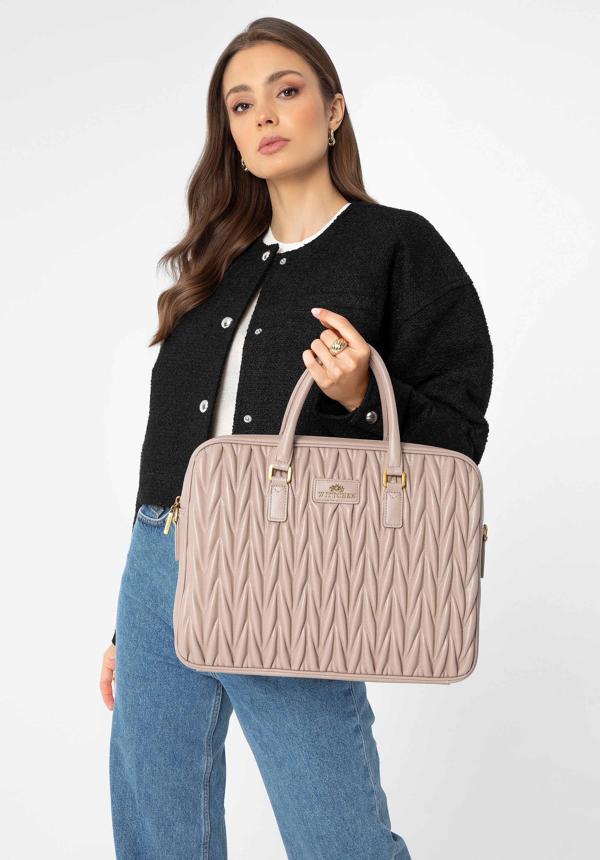 Torba na laptopa 14’’ ze skóry w pionowe pikowanie beżowa