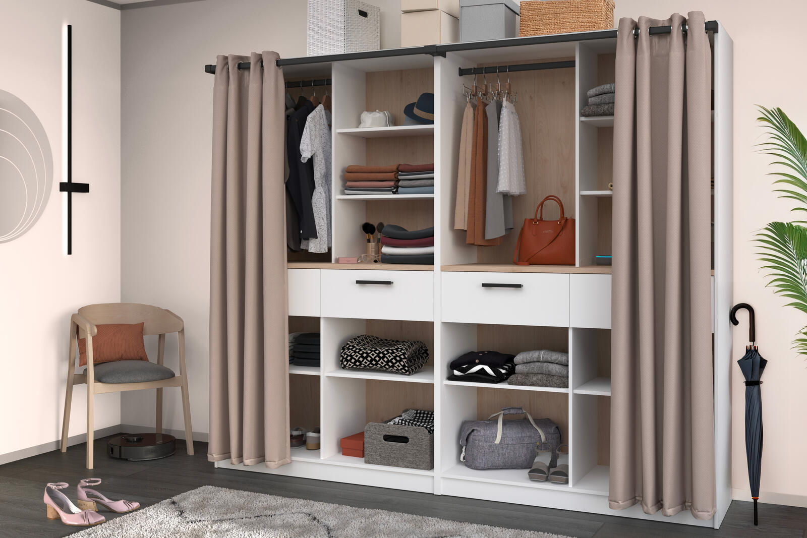 Otwarta szafa Modulix z podwójną zasłoną B