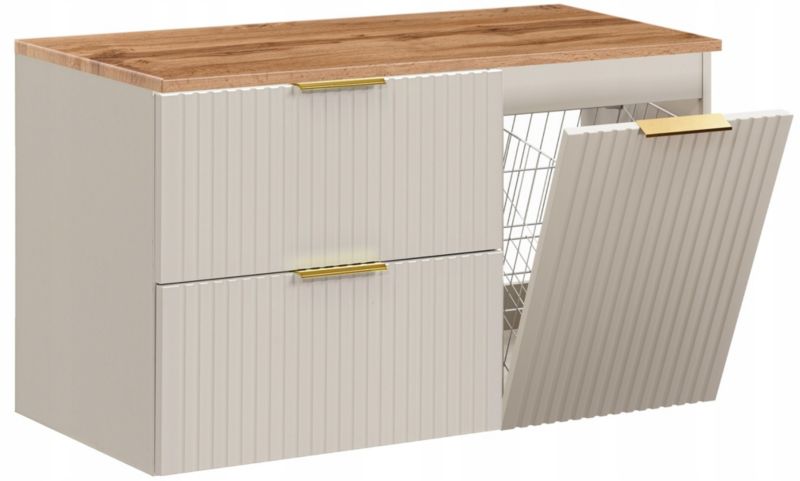 Szafka pod umywalkę Furnidea 100 cm kaszmir ryflowana z koszem na pranie blat dąb wotan Adel 1 szt.