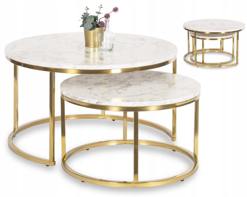 Zestaw Stolików Kawowych Olis Max 60 cm/80 cm Mebel Elite Marmur/Złoty 1 kpl