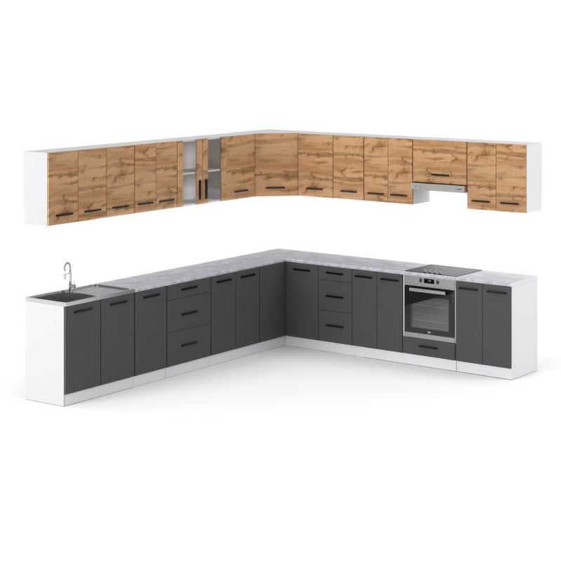Zestaw Kuchenny Hurtownia-Mebli Z Blatem Kuchnia narożna Rossa 680cm Biały Mat Dąb Wotan/Szary Mat 680x47x145 cm 1szt.