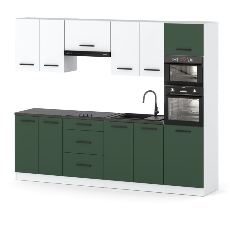 Zestaw Kuchenny Hurtownia-Mebli Z Blatem Kuchnia Marra 260cm Biały Mat Biały Mat/Butelkowa Zieleń 260x47x217 cm 1szt.