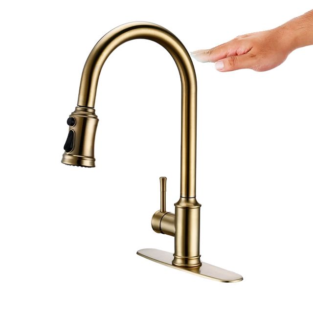 Bateria kuchenna Lauferi LAMONA mosiężna dotykowa z wyciąganą wylewką szczotkowane złoto retro 1 szt.