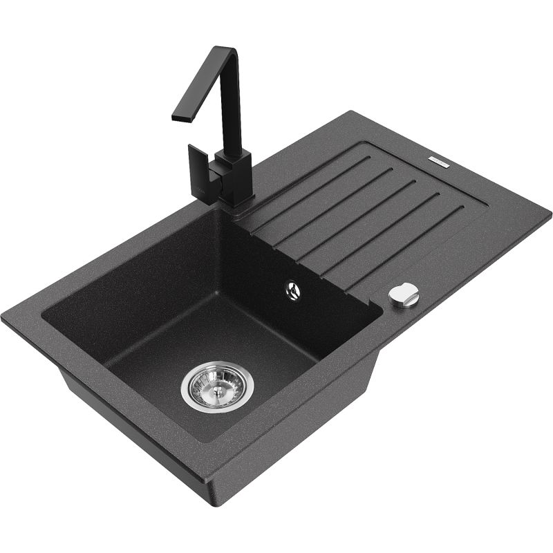 Zlewozmywak granitowy 1-komorowy Mexen Pablo z ociekaczem i baterią kuchenną Rita czarny nakrapiany - 6510-76-670300-76 1 szt.