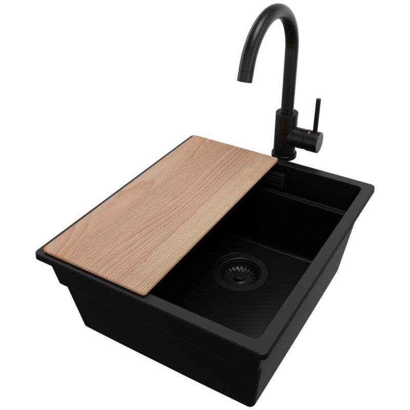 Zlewozmywak Granitowy Praga Slim PRIMAGRAN Nablatowy 41x47cm do szafki od 45cm z Syfonem i Baterią i Dodatkiem Cały Czarny 1 szt.