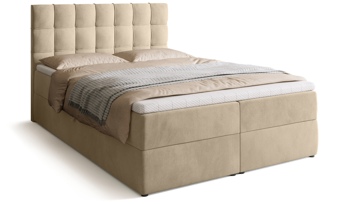 Łóżko kontynentalne 140x200 cm z pojemnikiem i materacem DETROIT beż