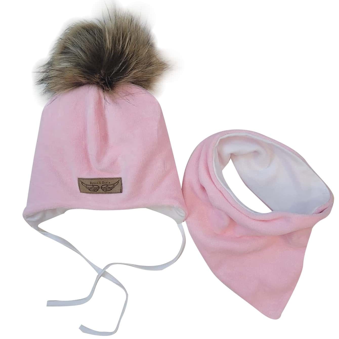 Komplet apaszka+czapka niemowlęca welurowa róż ZZ