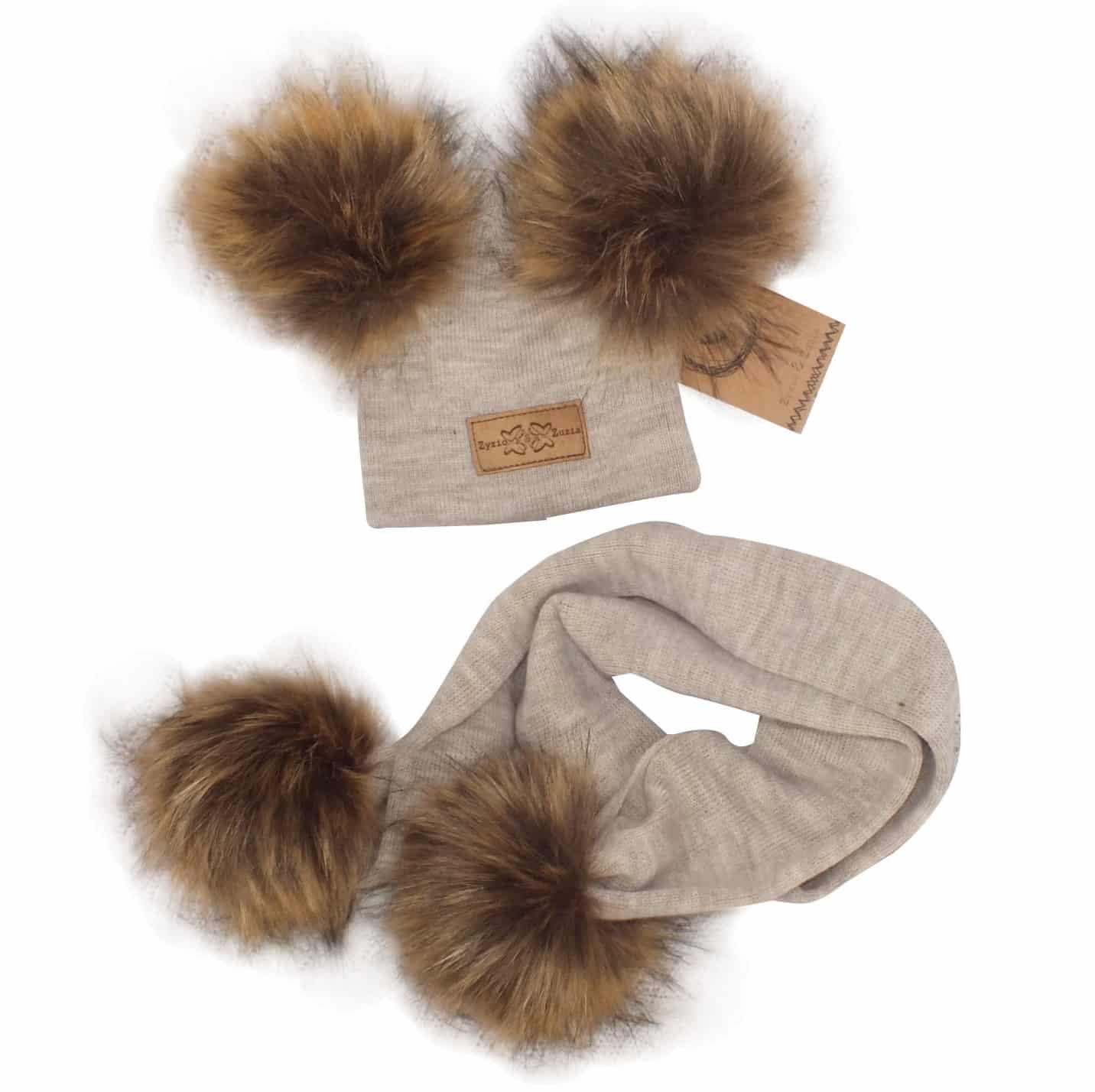 Komplet wełniany czapka i szalik z pomponami beżowy ZZ - 4-8 m-cy
