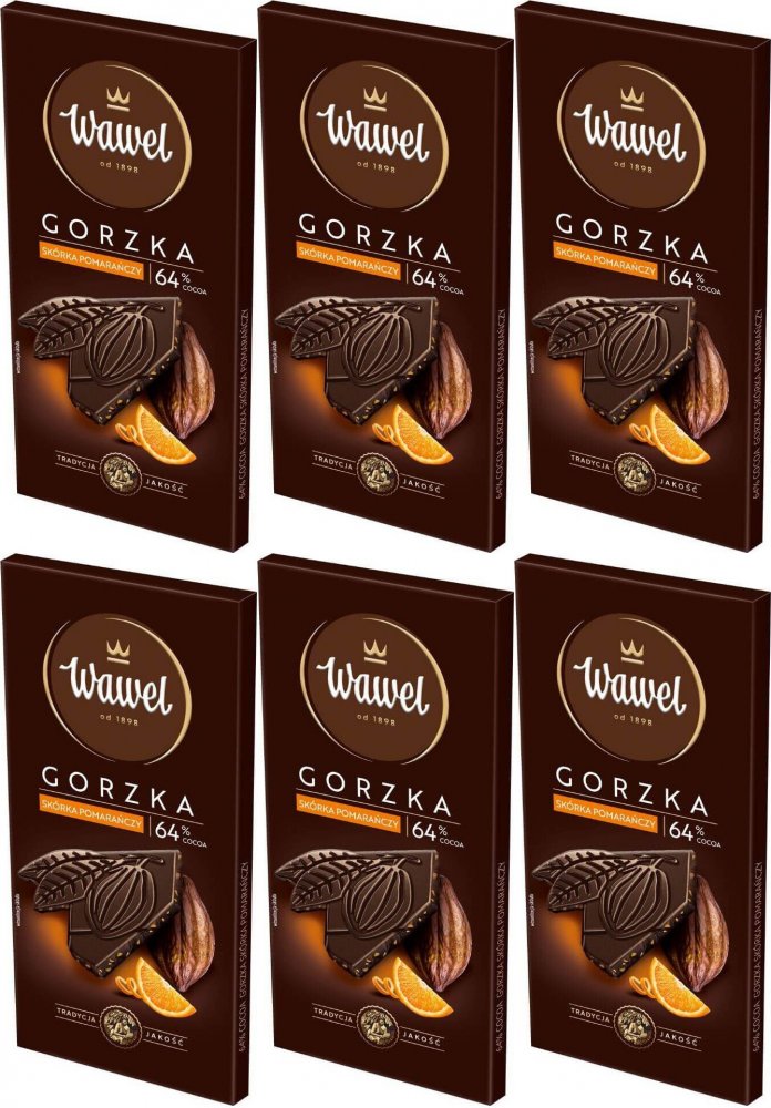 6x Gorzka czekolada Wawel Premium 64%, skórka pomarańczy, 90g