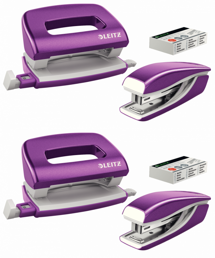 2x Zestaw zszywacz i dziurkacz Leitz Mini NeXXt Wow, metalowy, fioletowy