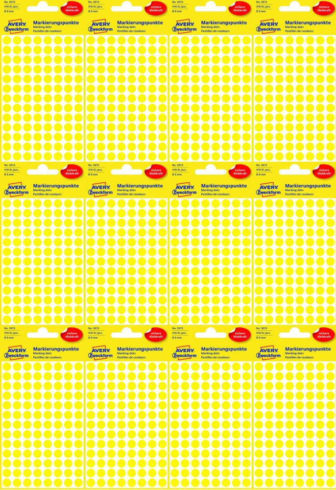 12x Etykiety oznaczeniowe Avery Zweckform, okrągłe, średnica 8mm, 416 sztuk, żółty