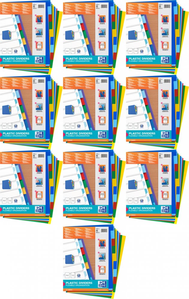 10x Przekładki do segregatora Oxford, plastikowe, A4, 10 kart, mix kolorów