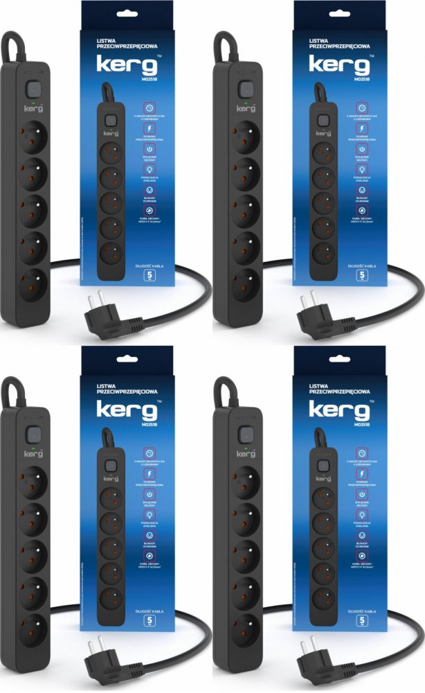 4x Listwa przeciwprzepięciowa Kerg, 5m, 5 gniazd, czarny