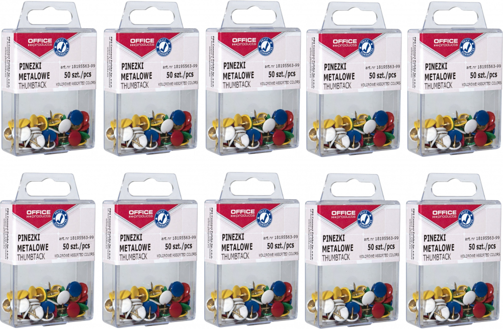 10x pinezki klasyczne Office Products, w pudełku, 50 sztuk, mix kolorów