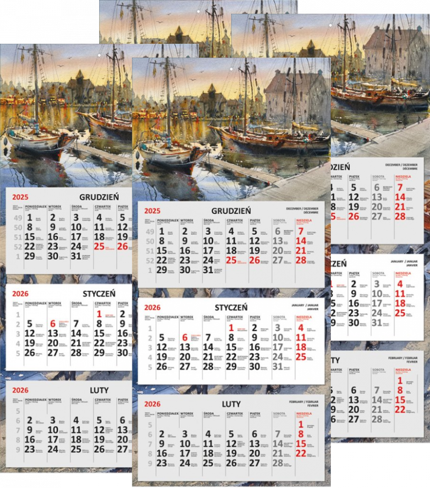 4x Kalendarz ścienny Udziałowiec 2026, 310x680mm, trójdzielny płaski, żaglówki